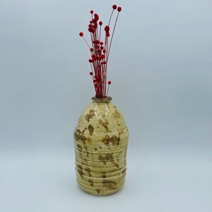 Hand Crafted Signed Fieldstone MF Pottery Vase w/ Ribbed Body Natural Colors